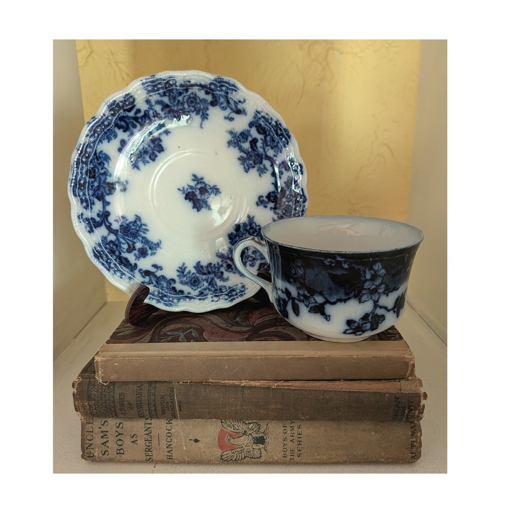 Flow Blue Wood & Son Brunswick Tea Cup Saucer Set Antique Victorian  Cottagecore